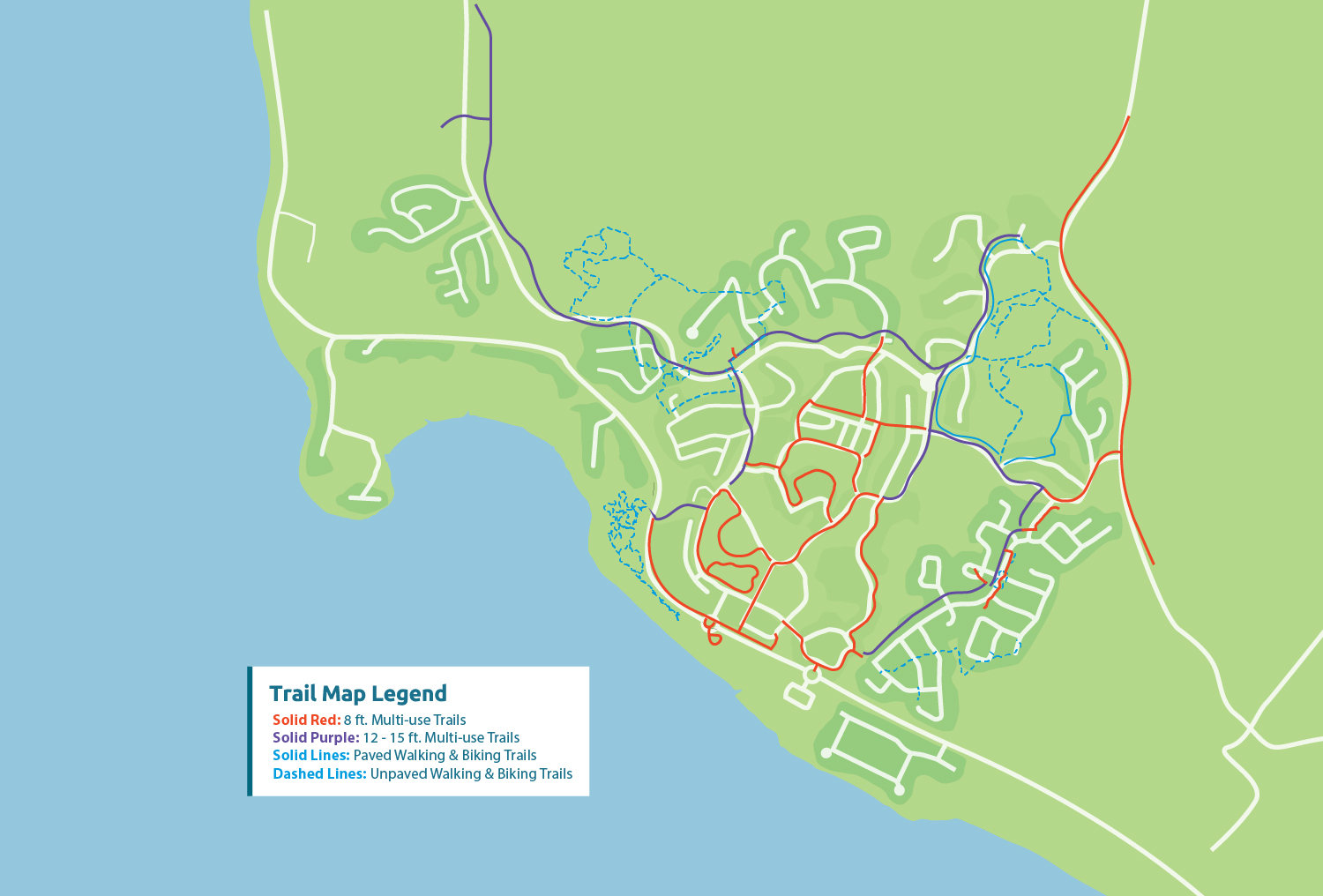 Trail Map Legend, Solid Red: 8ft. multi-use trails. Solid Purple: 12-15 ft. multi-use trails. Solid Lines: paved walking & biking trails. Dashed Lines: unpaved walking & biking trails.
